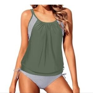 Green and Striped Tankini 2 Piece Swimsuit